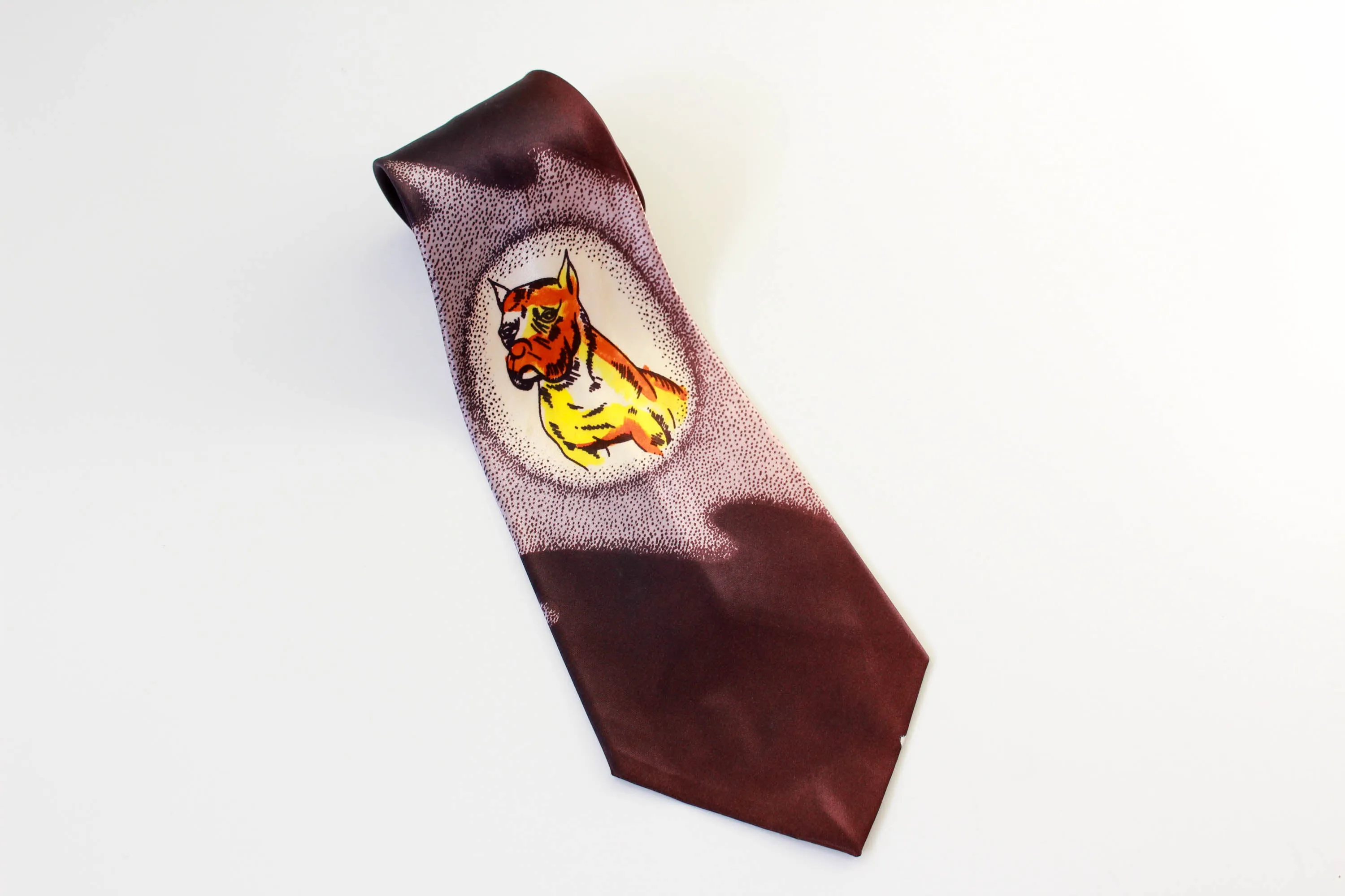 1940s Hand Painted Necktie, Plum with Bulldog