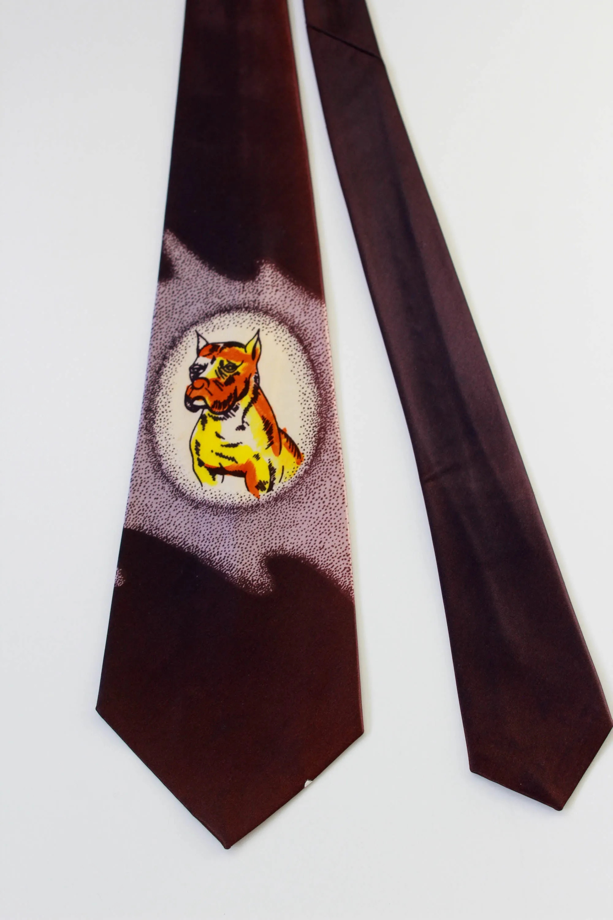 1940s Hand Painted Necktie, Plum with Bulldog