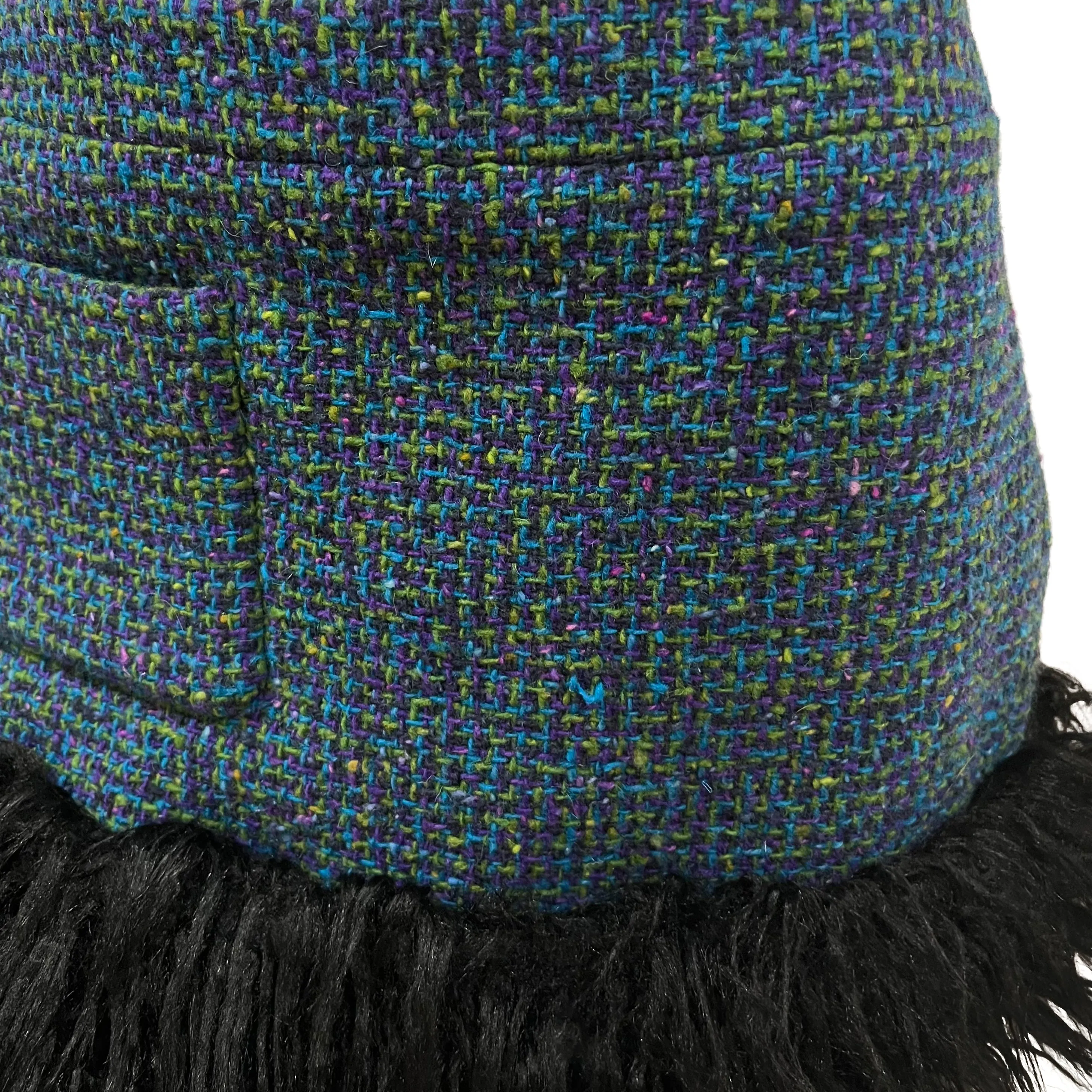 2021 Blue Tweed and Faux Fur Mini Skirt