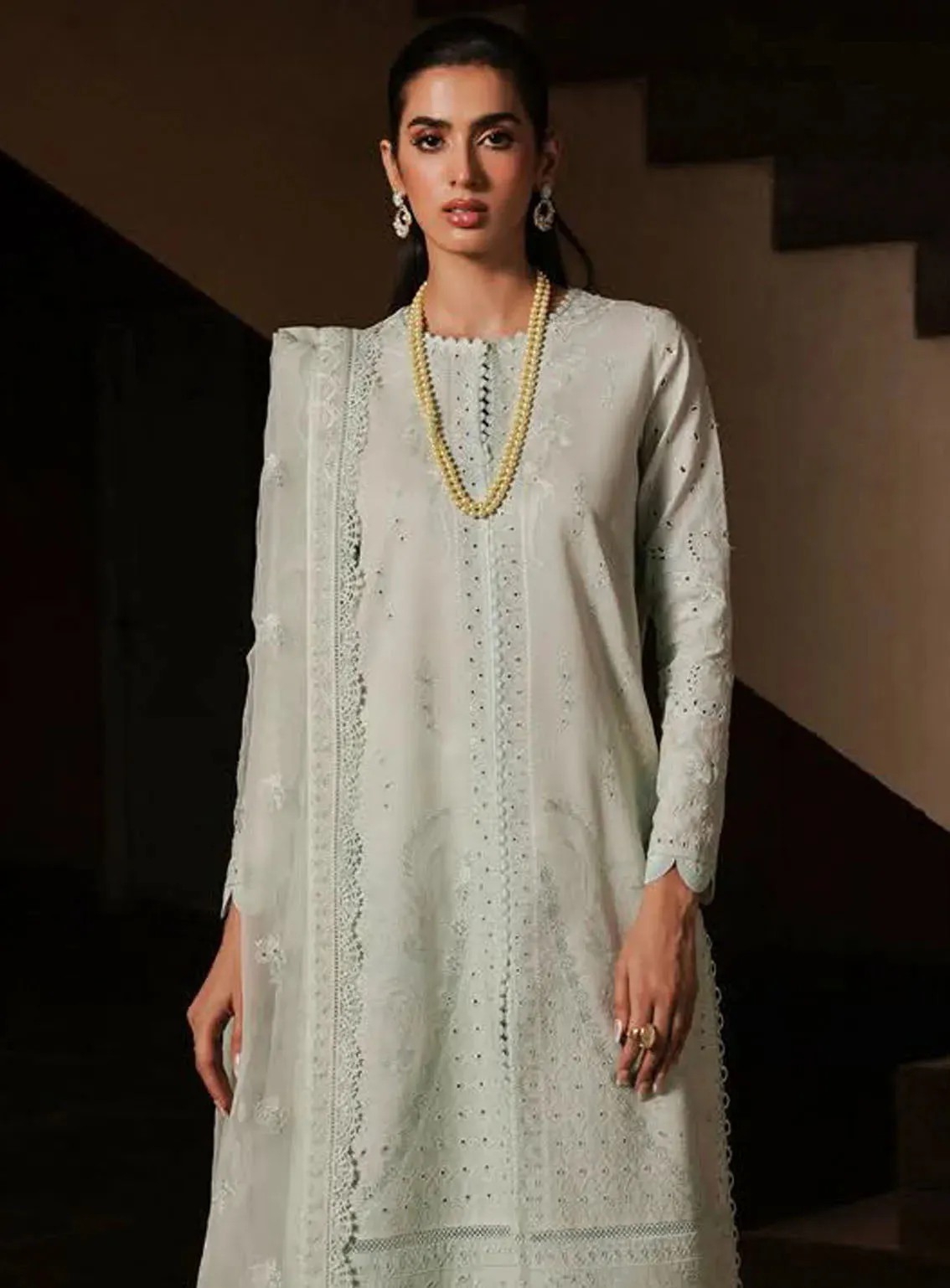 Afrozeh Festive Chikankari Lawn 3 Piece Unstitched Suit AF24CL CELADON