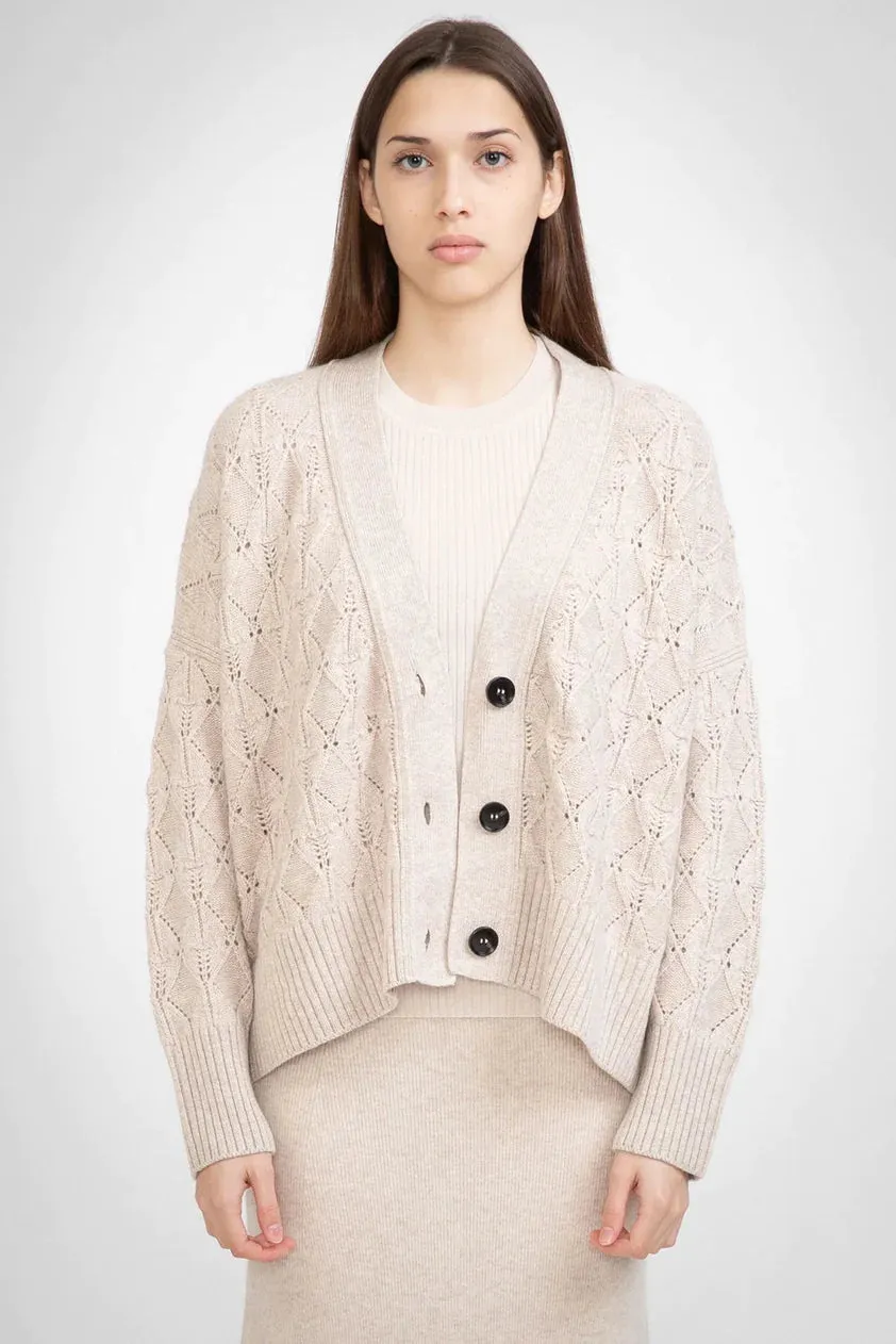 Aleger Cashmere Diamond Detail high Low Cardigan in Oat