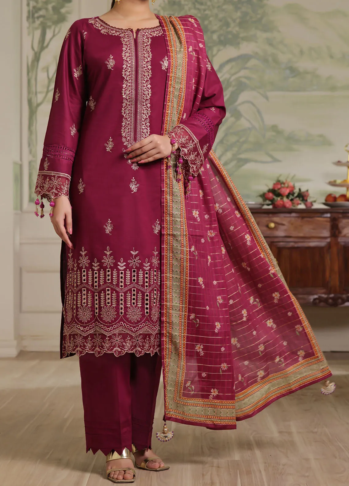 Anmol By VS Textile Embroidered Lawn With Fancy Zari Dupatta 3 Piece Unstitched Suit VS24AELFZD D-1004