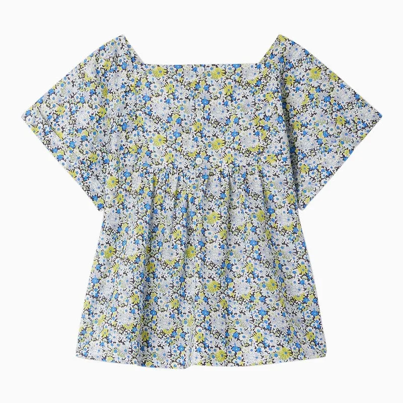 Blue Cotton Pays Blouse With Floral Print