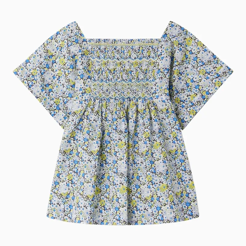 Blue Cotton Pays Blouse With Floral Print