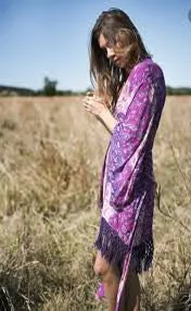 Boho Kimono "Kiss The Sky" Purple Violet Floral With Lattice Fringe Cast A Gypsy Spell On Him One Size Fits Small Medium Or Large