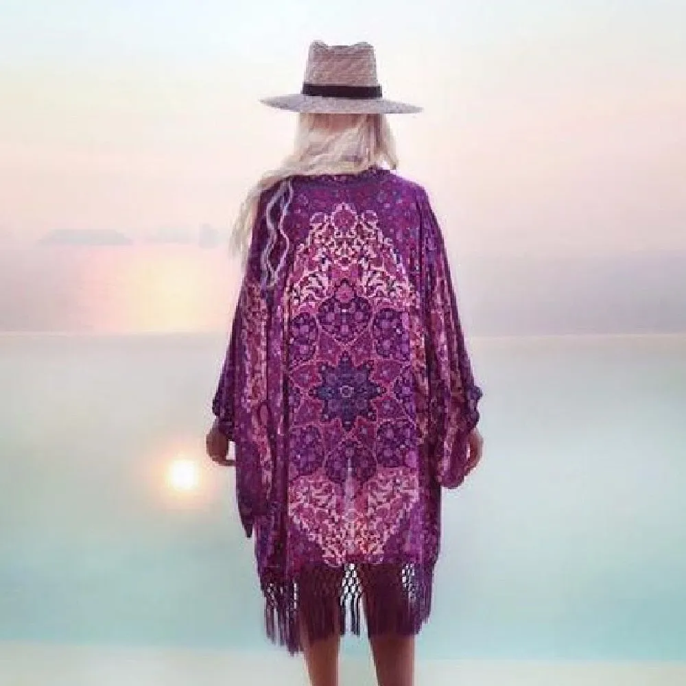 Boho Kimono "Kiss The Sky" Purple Violet Floral With Lattice Fringe Cast A Gypsy Spell On Him One Size Fits Small Medium Or Large