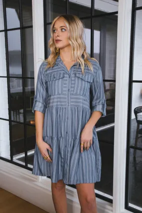 Bree Button Down Tiered Dress, Blue Spruce Stripe | Velvet Heart