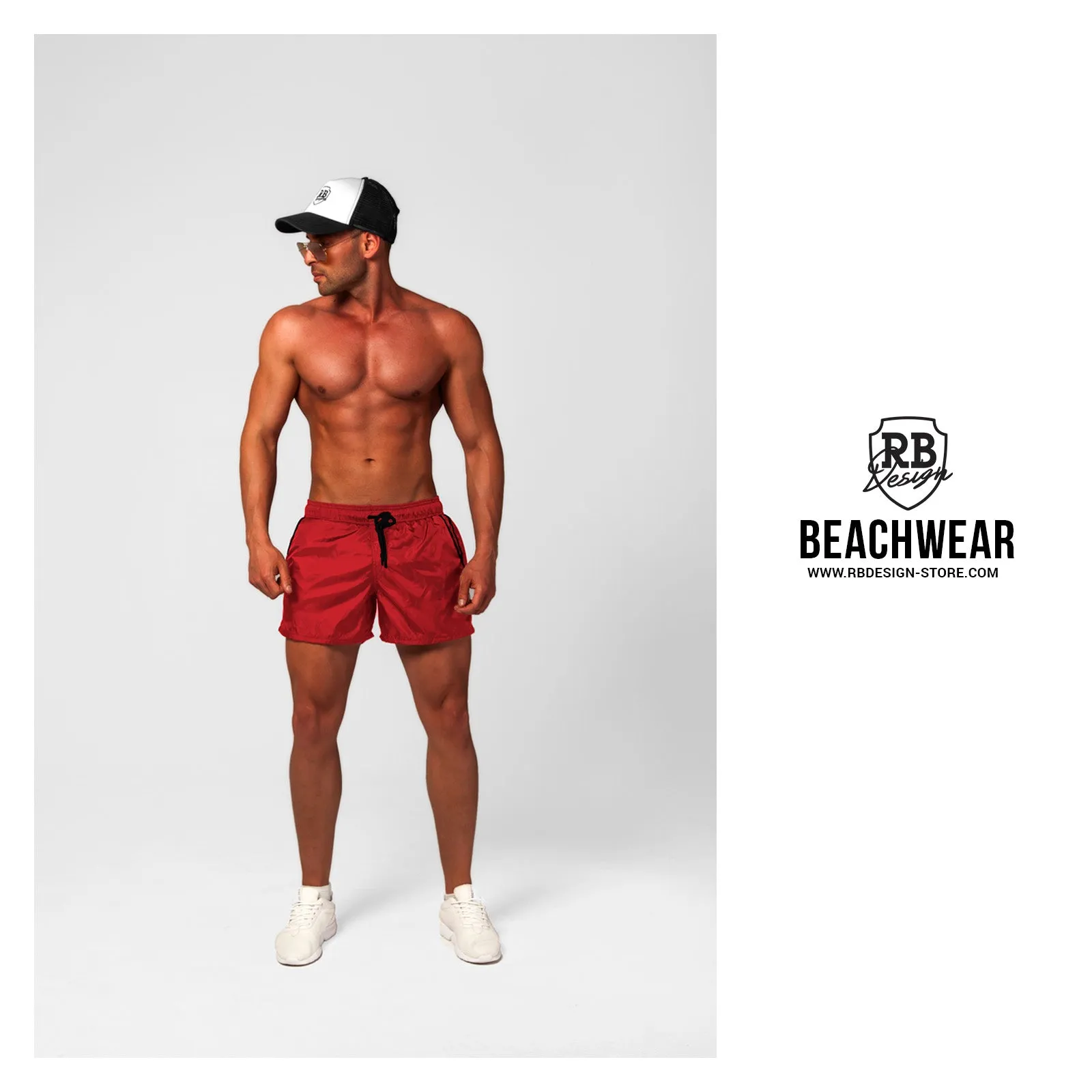 Bundle Red Mens Swimming Shorts   Black/White Hat BW01RBW