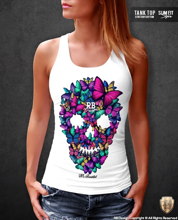 Butterflies Skull Women's T-shirt Unique Graphic Tank Top MD044