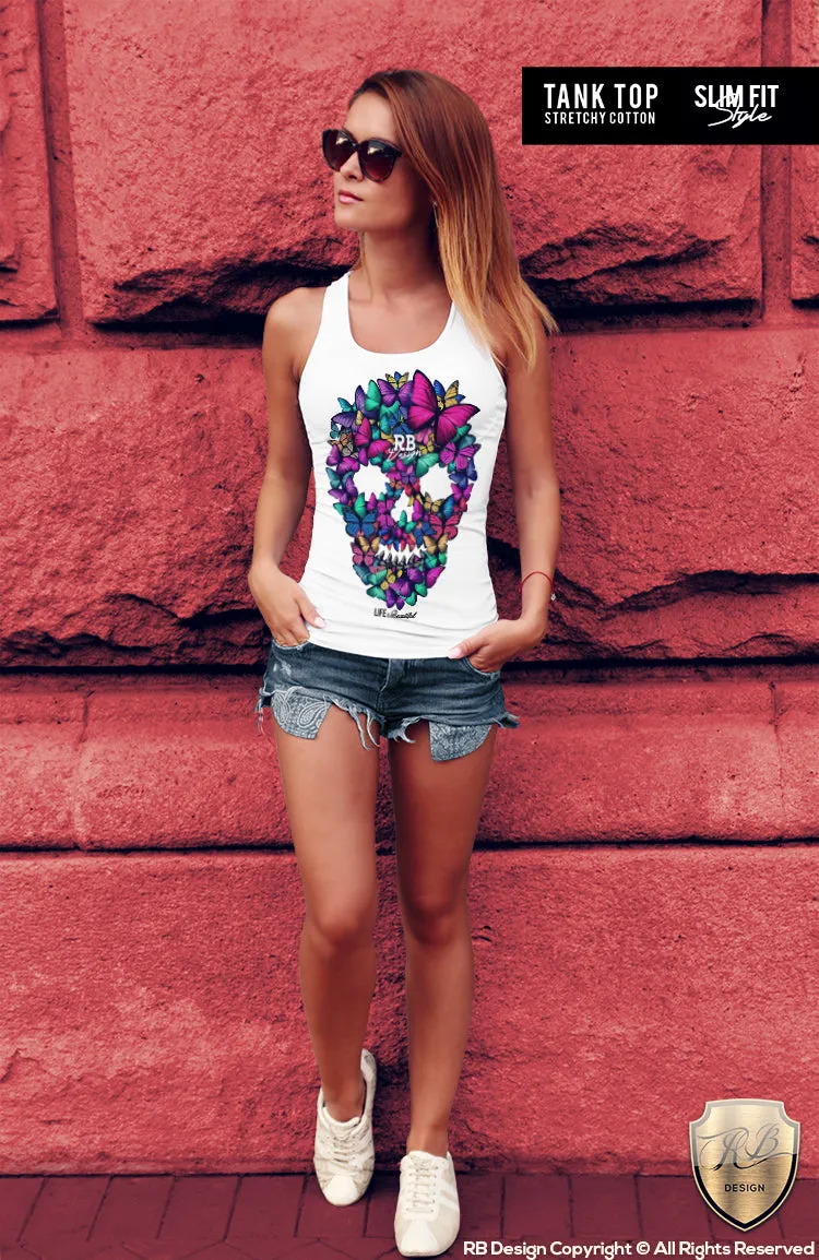 Butterflies Skull Women's T-shirt Unique Graphic Tank Top MD044