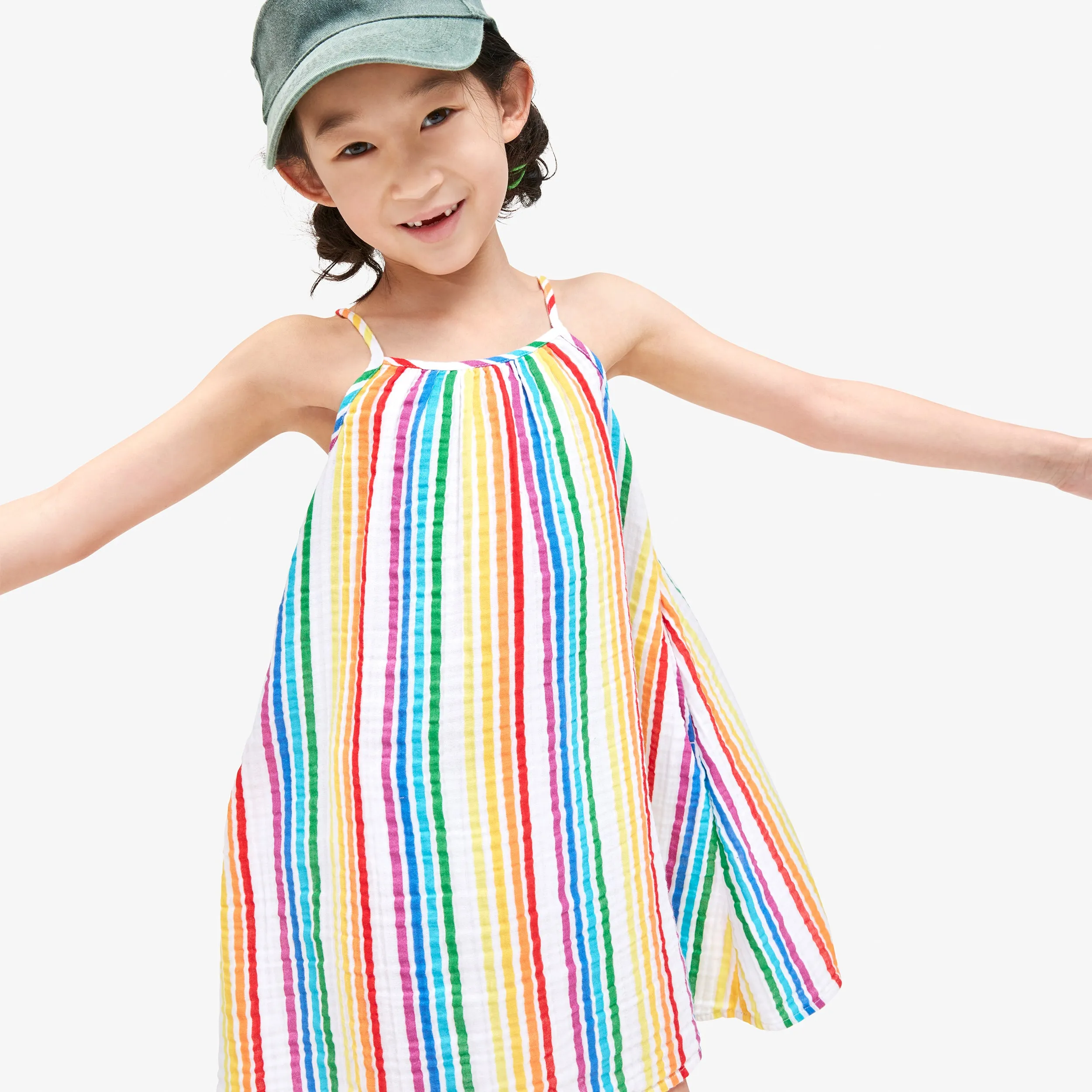 Clearance cotton gauze tank dress in mini rainbow stripe