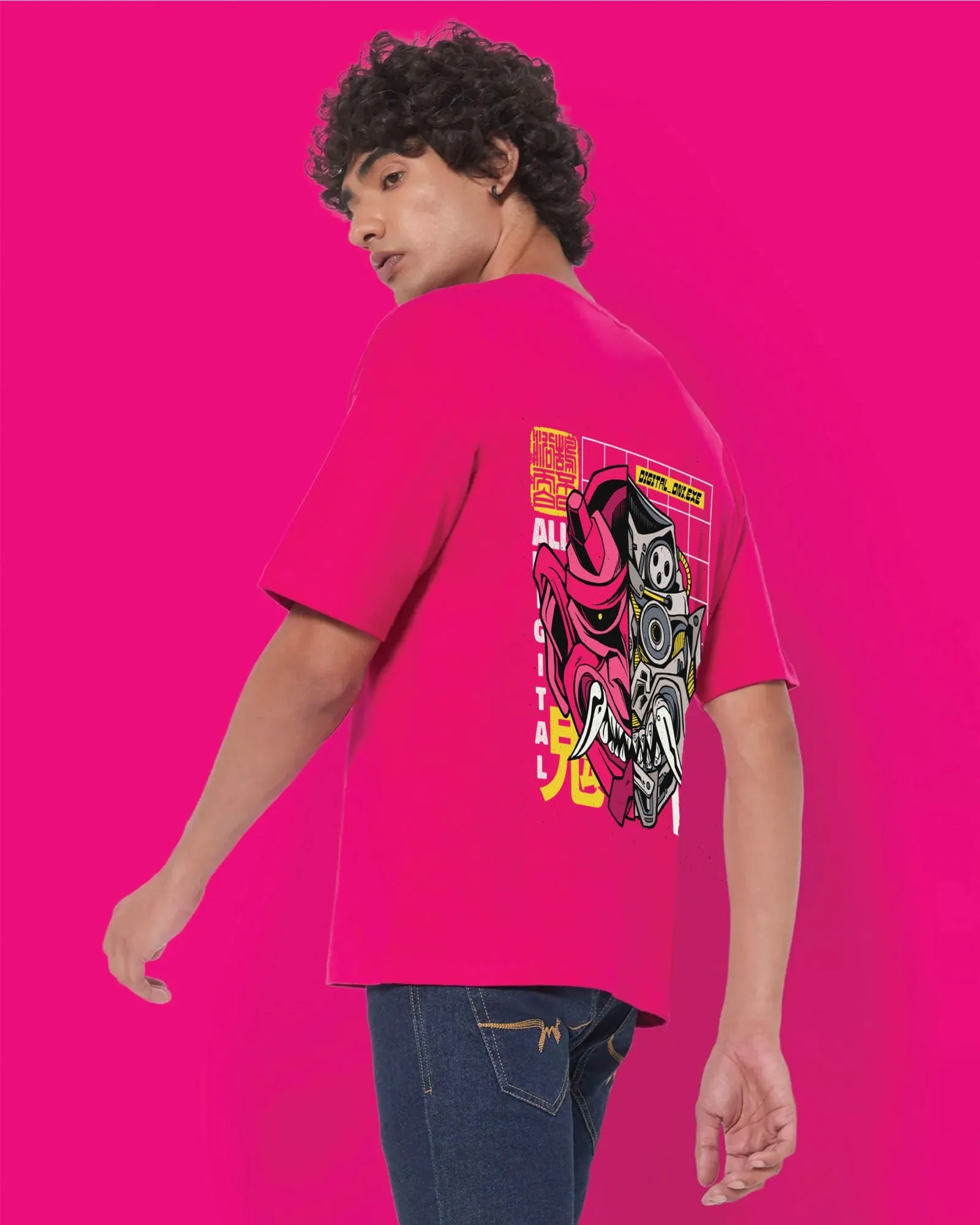 Cyber Monster Drop Shoulder Crew: Fuchsia