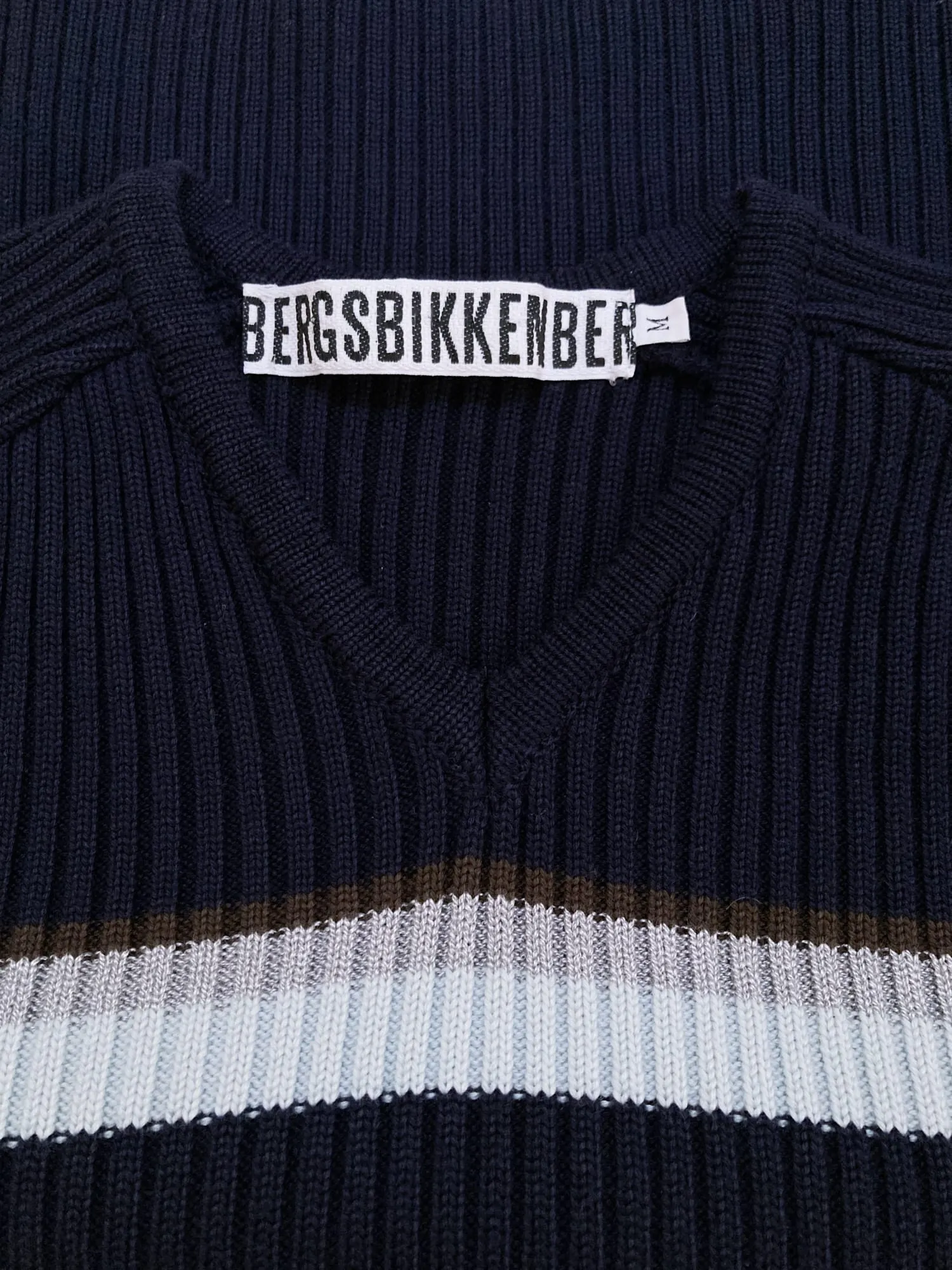 Dirk Bikkembergs navy wool rib knit striped v-neck jumper - M