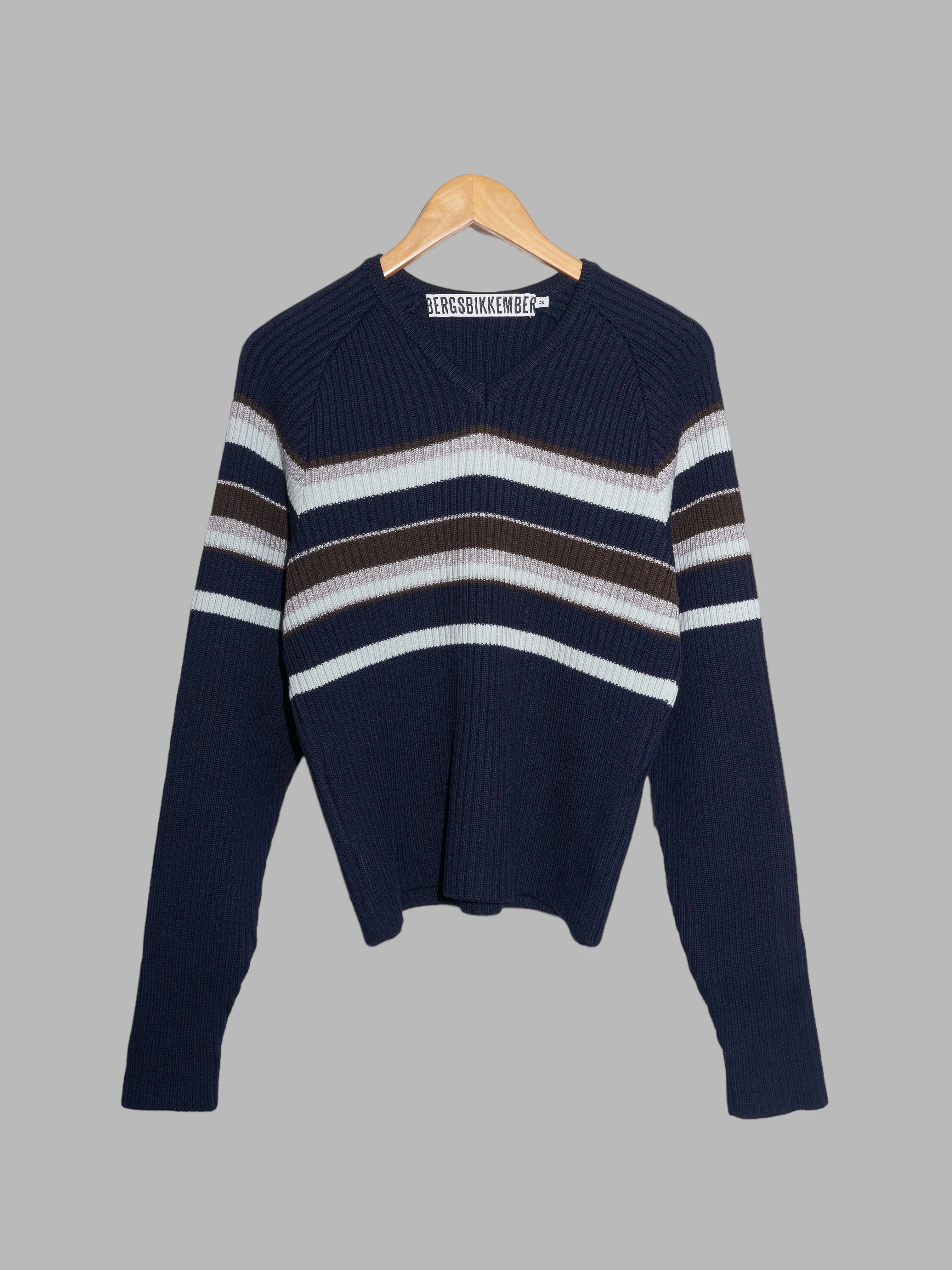 Dirk Bikkembergs navy wool rib knit striped v-neck jumper - M