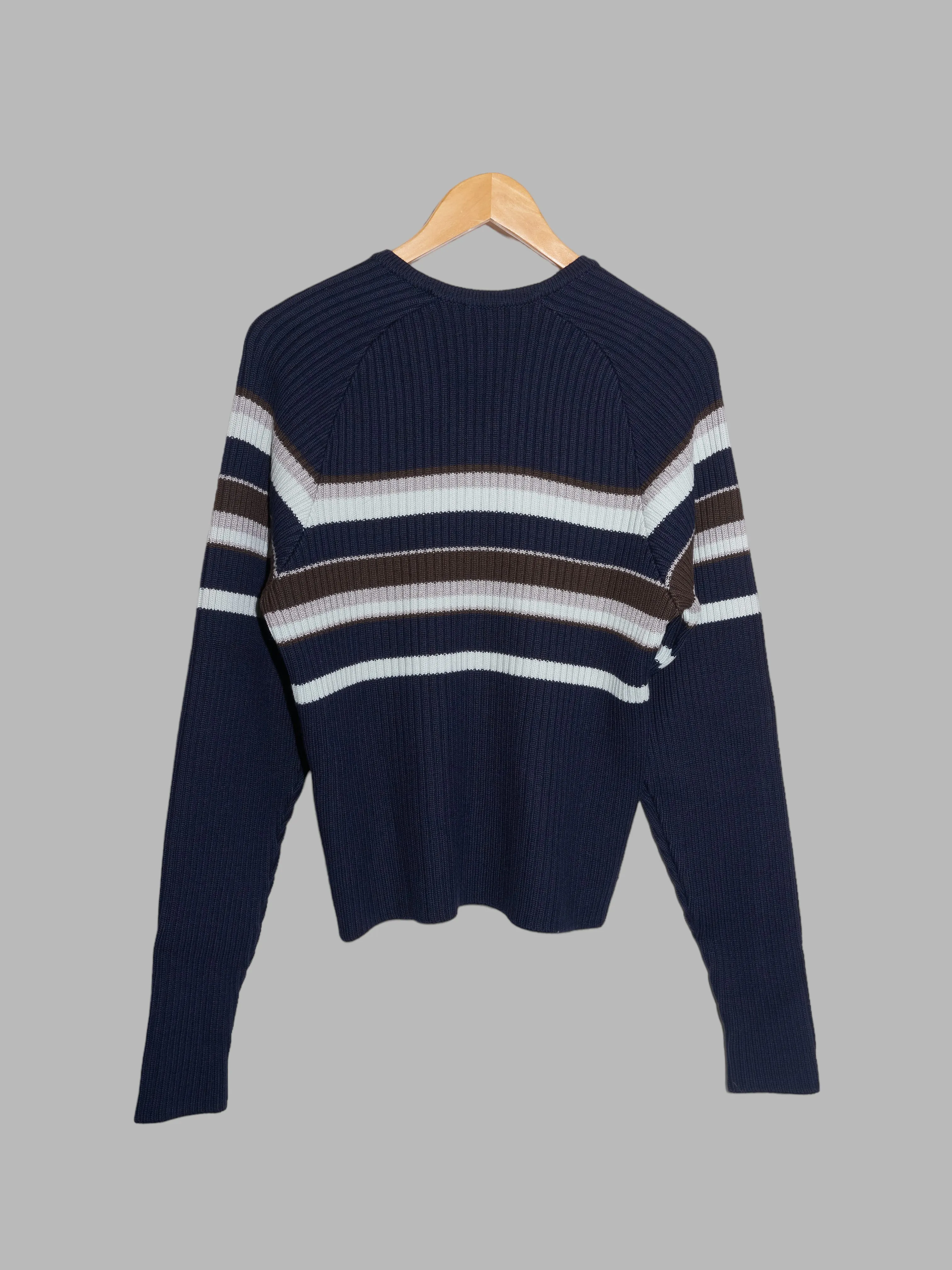 Dirk Bikkembergs navy wool rib knit striped v-neck jumper - M