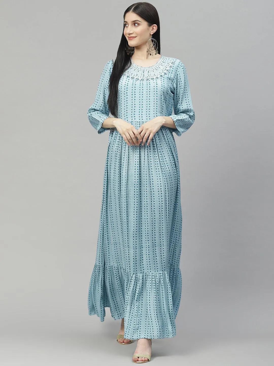 Divena Blue Muslin Flared Gown