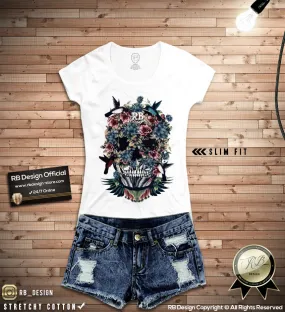 Floral Flowers Skull Women's T-shirt Hummingbird Tank Top WD225