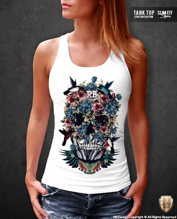 Floral Flowers Skull Women's T-shirt Hummingbird Tank Top WD225