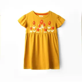 Girls Printed Soft Cotton Cut & Sew Mustard Frock