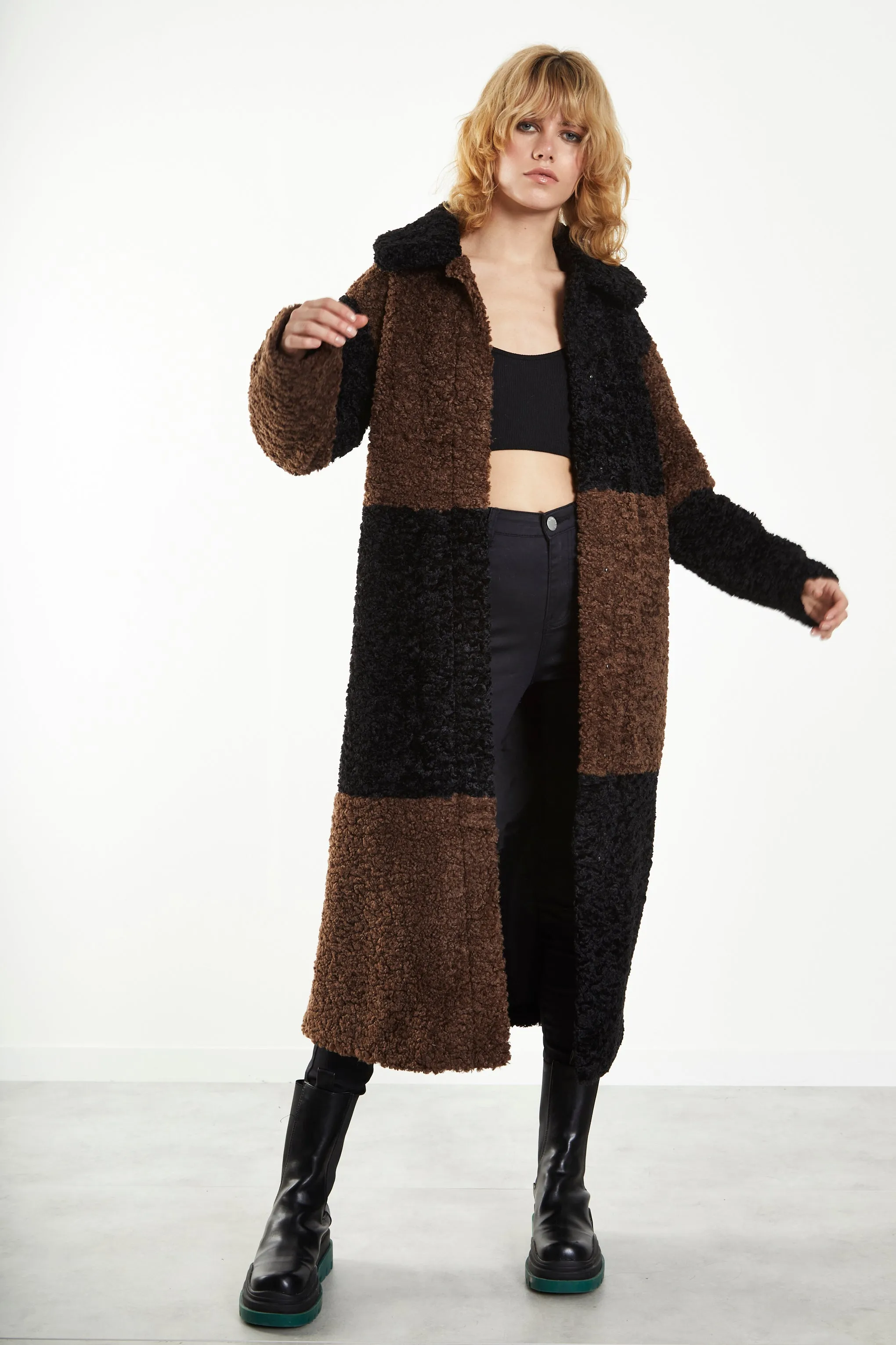 Glamorous Black Brown Patchwork Longline Coat