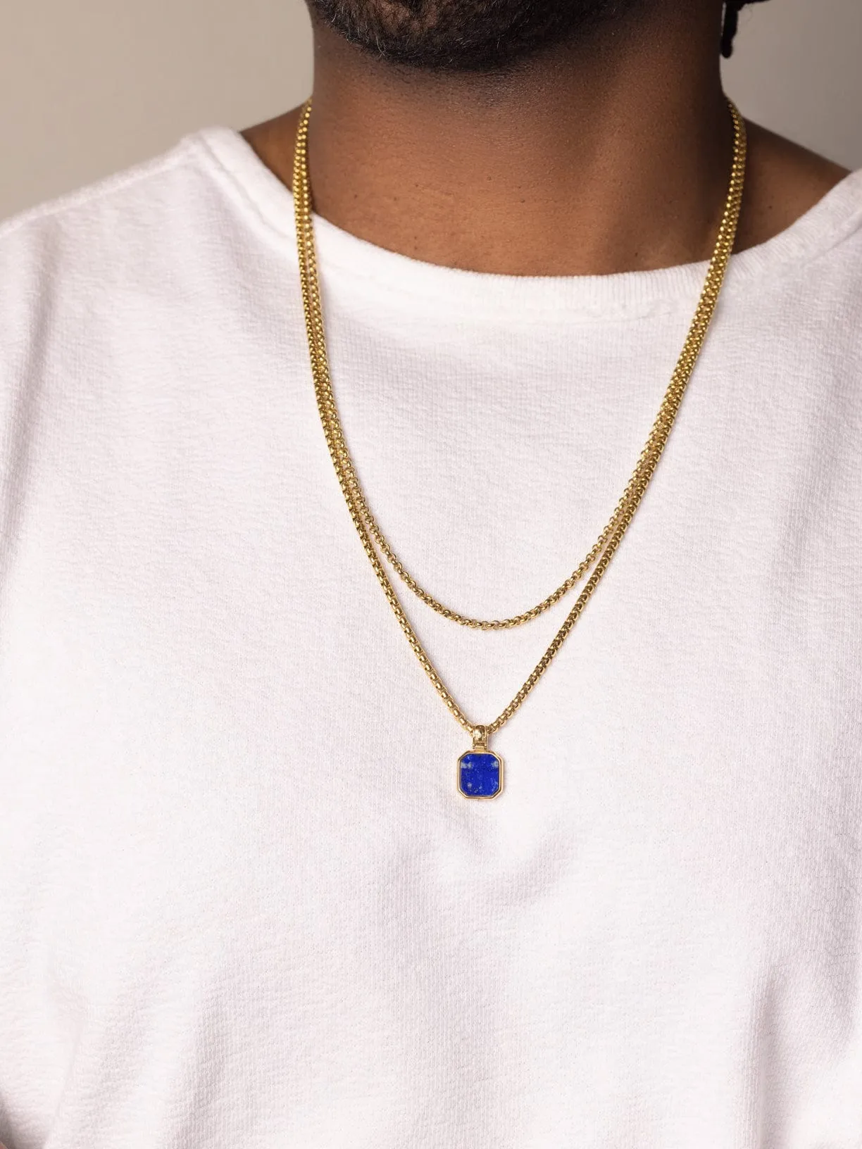 Gold Necklace Layer with 3mm Box Chain and Blue Lapis Square Necklace