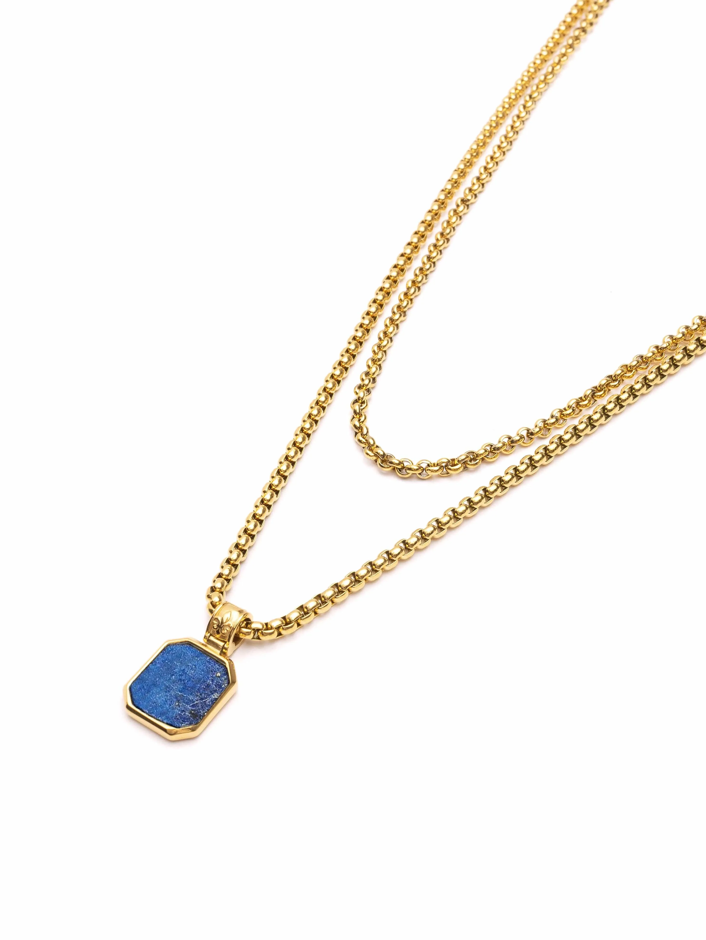 Gold Necklace Layer with 3mm Box Chain and Blue Lapis Square Necklace