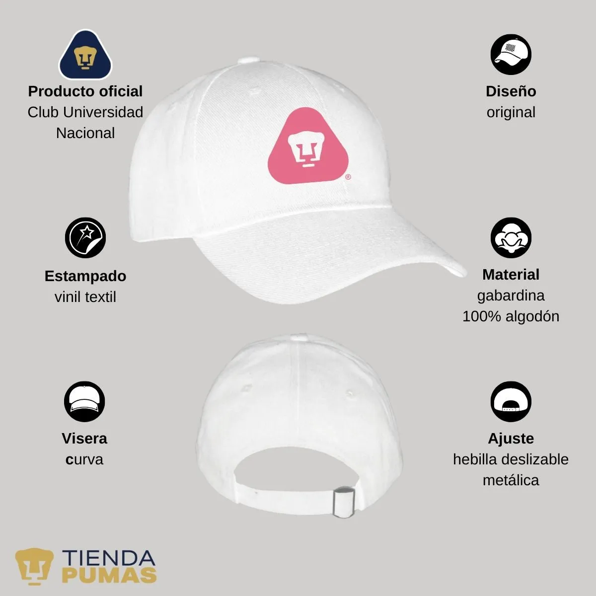 Gorra Pumas UNAM Hombre Mujer Ajustable Emblema Rosa 4 Vinil