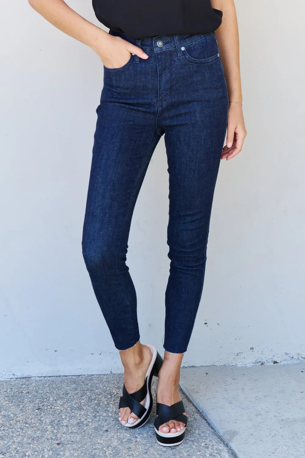 Judy Blue Dark High Waist Tummy Control Raw Hem Skinny