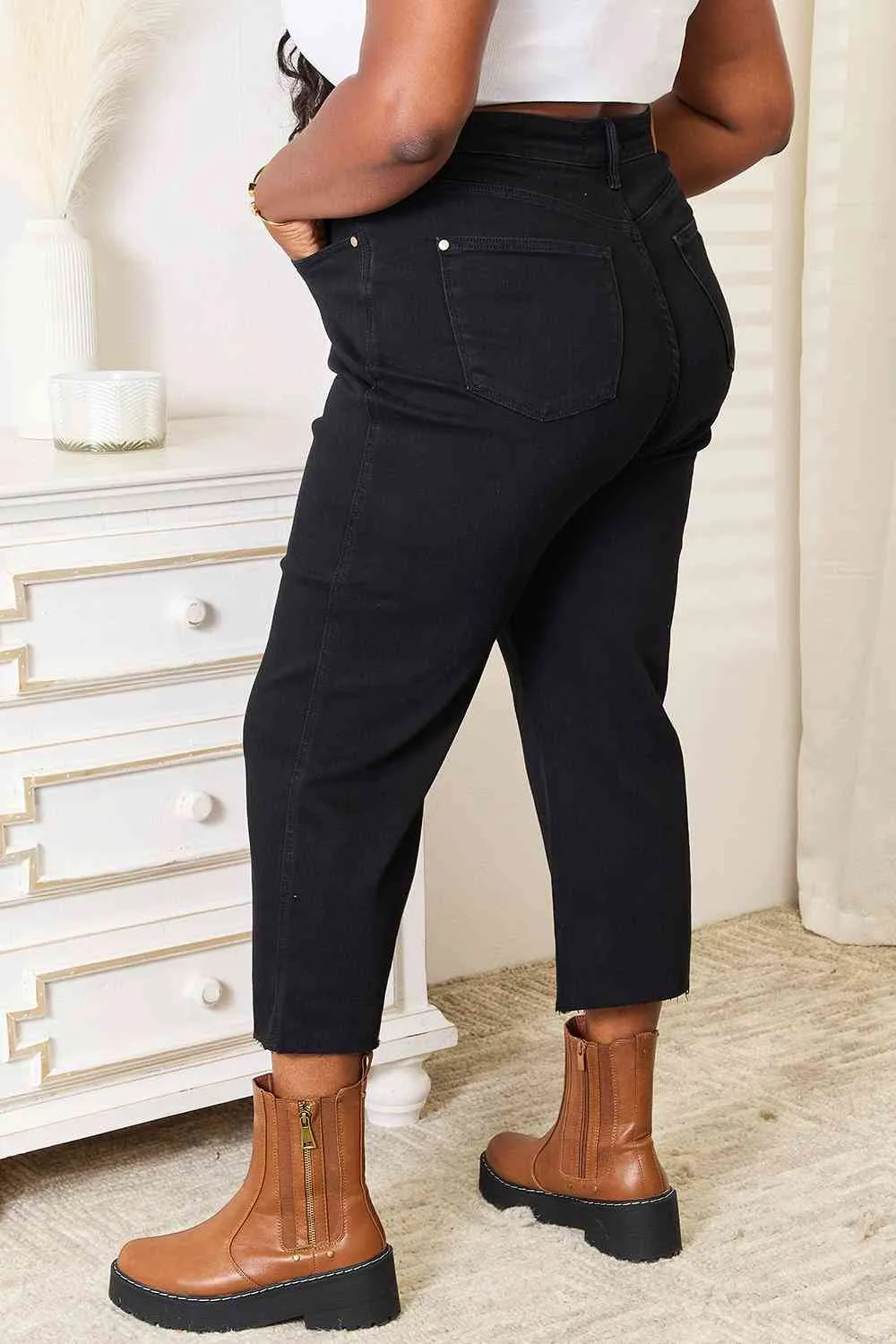 Judy Blue, High Waist Wide Leg Black Stretchy Cropped Jeans