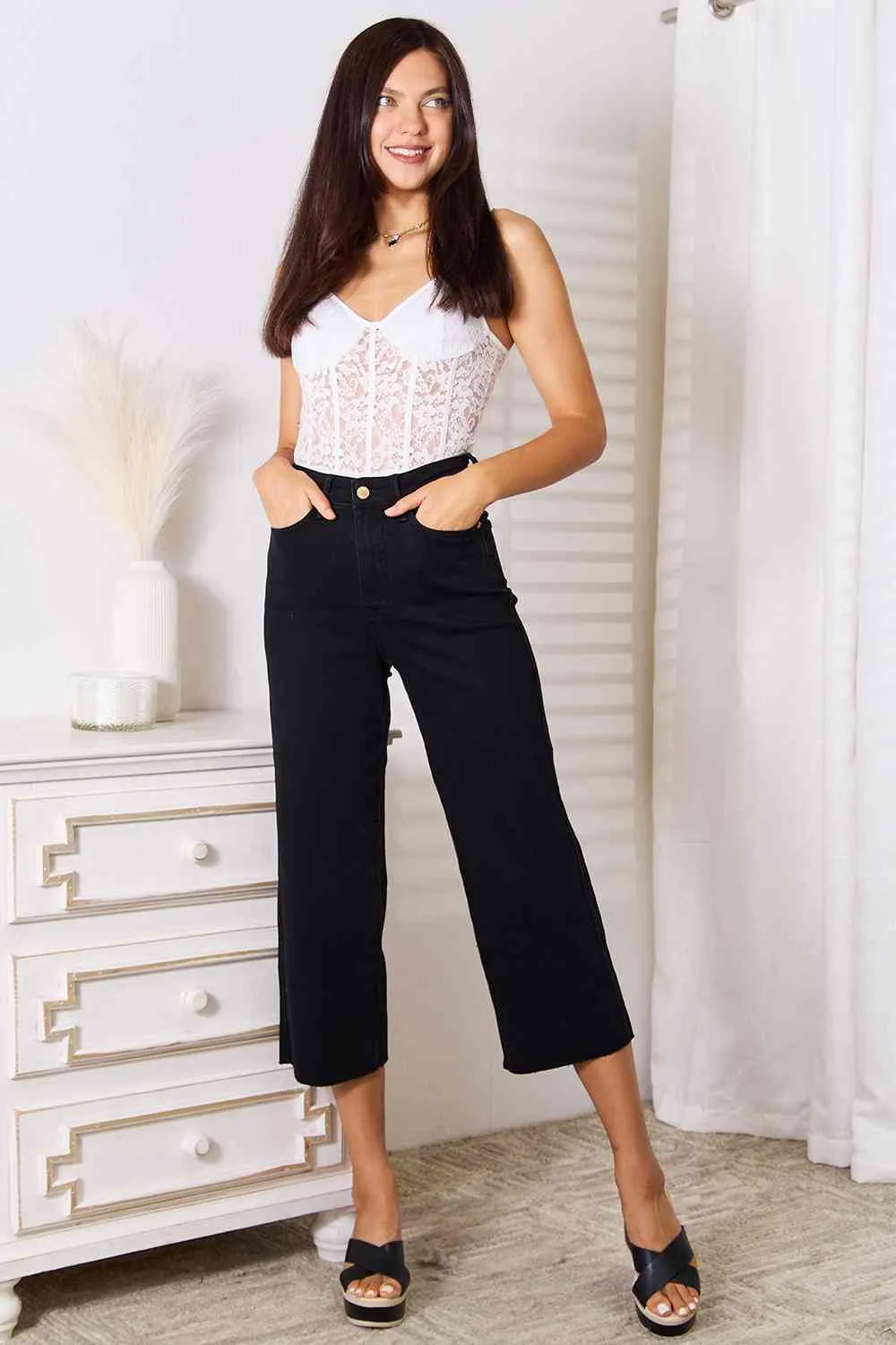 Judy Blue, High Waist Wide Leg Black Stretchy Cropped Jeans