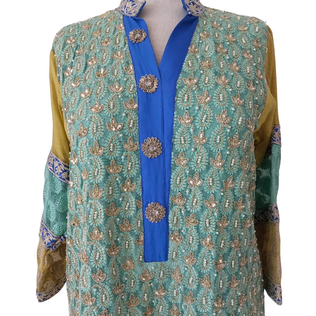 Khaadi Khaas Silk & Chiffon Blue & Yellow Outfit (3 pieces) | Gently Used |