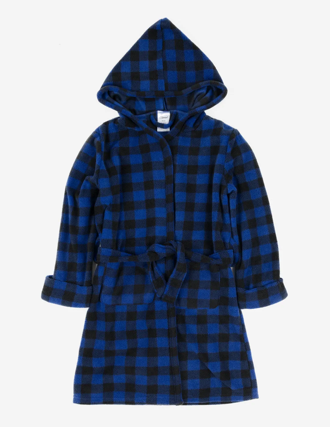 Kids Black & Navy Plaid Fleece Hooded Robe