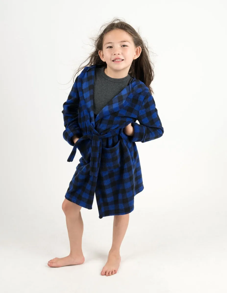 Kids Black & Navy Plaid Fleece Hooded Robe