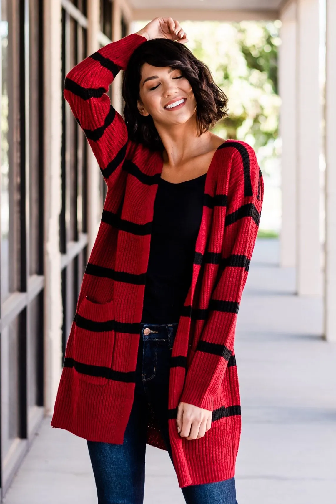 Long Cozy Striped Cardigan: Cranberry/Black