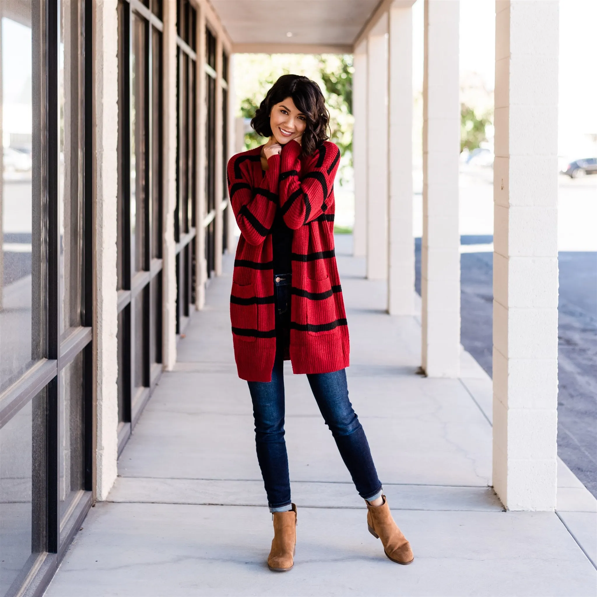 Long Cozy Striped Cardigan: Cranberry/Black