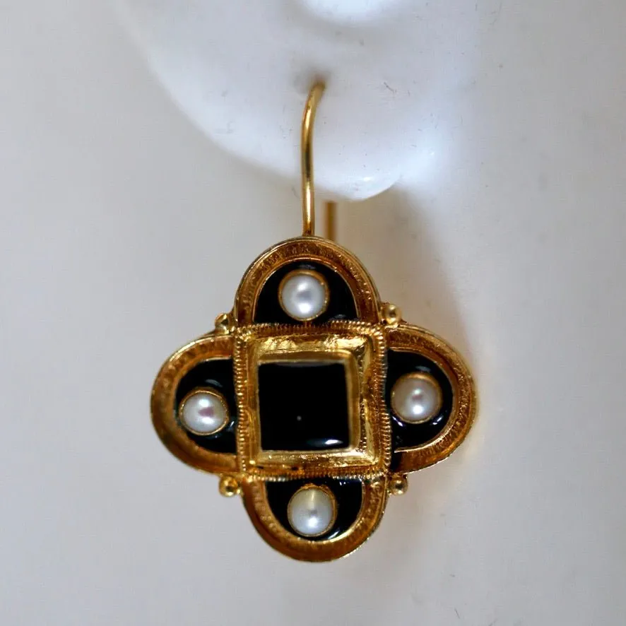 Orleans 14k Gold, Onyx and Pearl Earrings