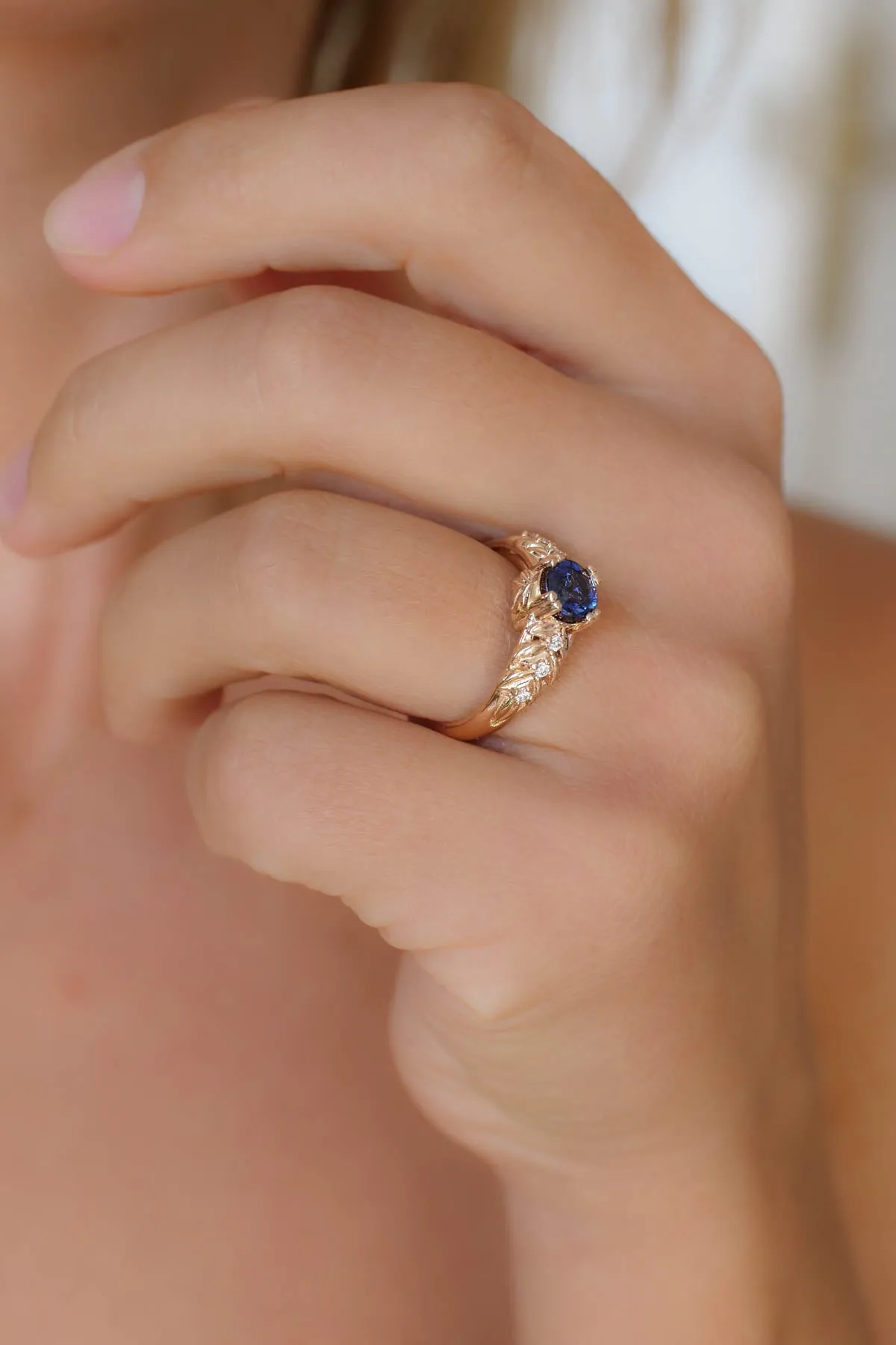 READY TO SHIP: Silvestra in 14K rose gold, natural blue sapphire 6mm, moissanites, RING SIZE 6.25 US