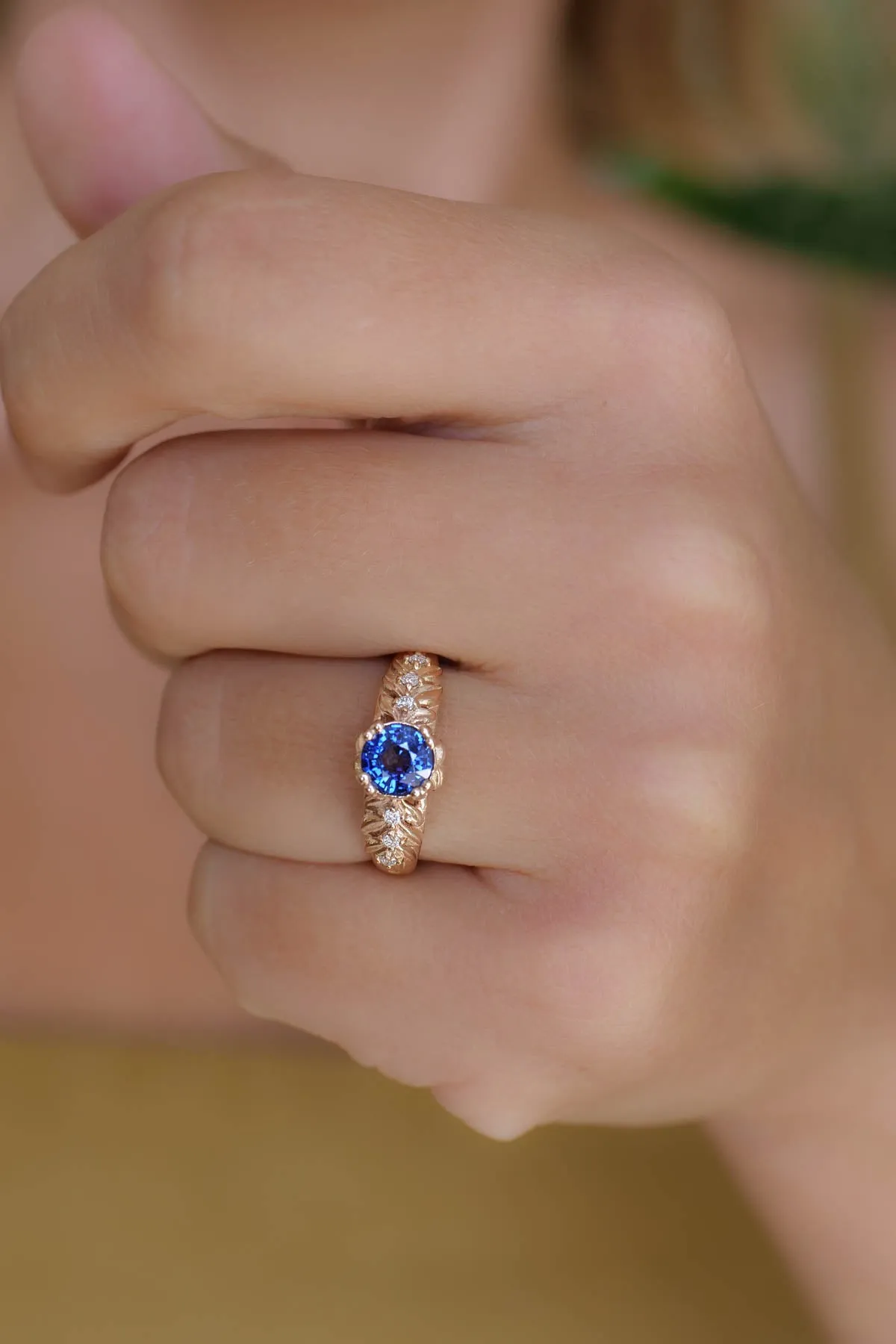 READY TO SHIP: Silvestra in 14K rose gold, natural blue sapphire 6mm, moissanites, RING SIZE 6.25 US