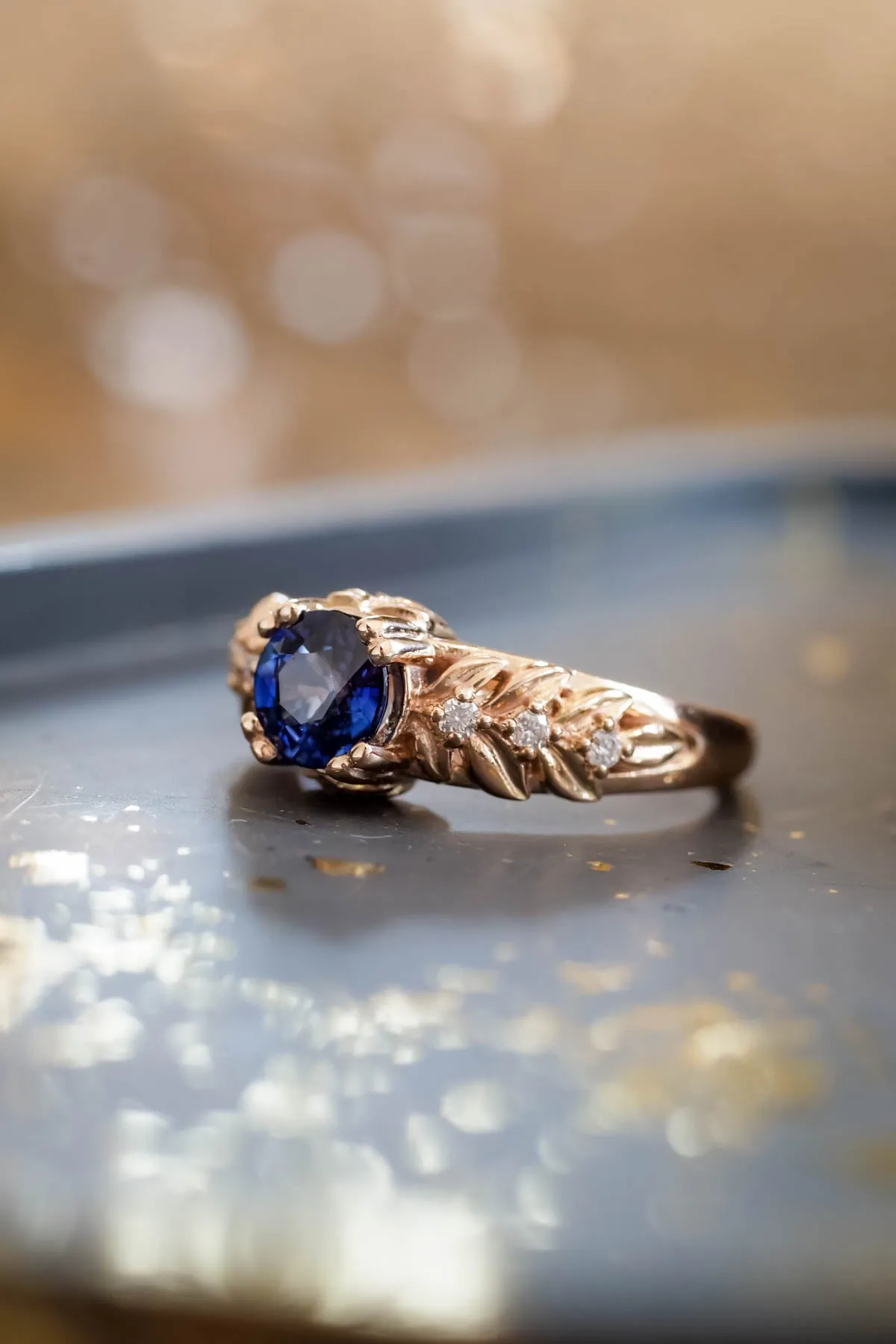 READY TO SHIP: Silvestra in 14K rose gold, natural blue sapphire 6mm, moissanites, RING SIZE 6.25 US