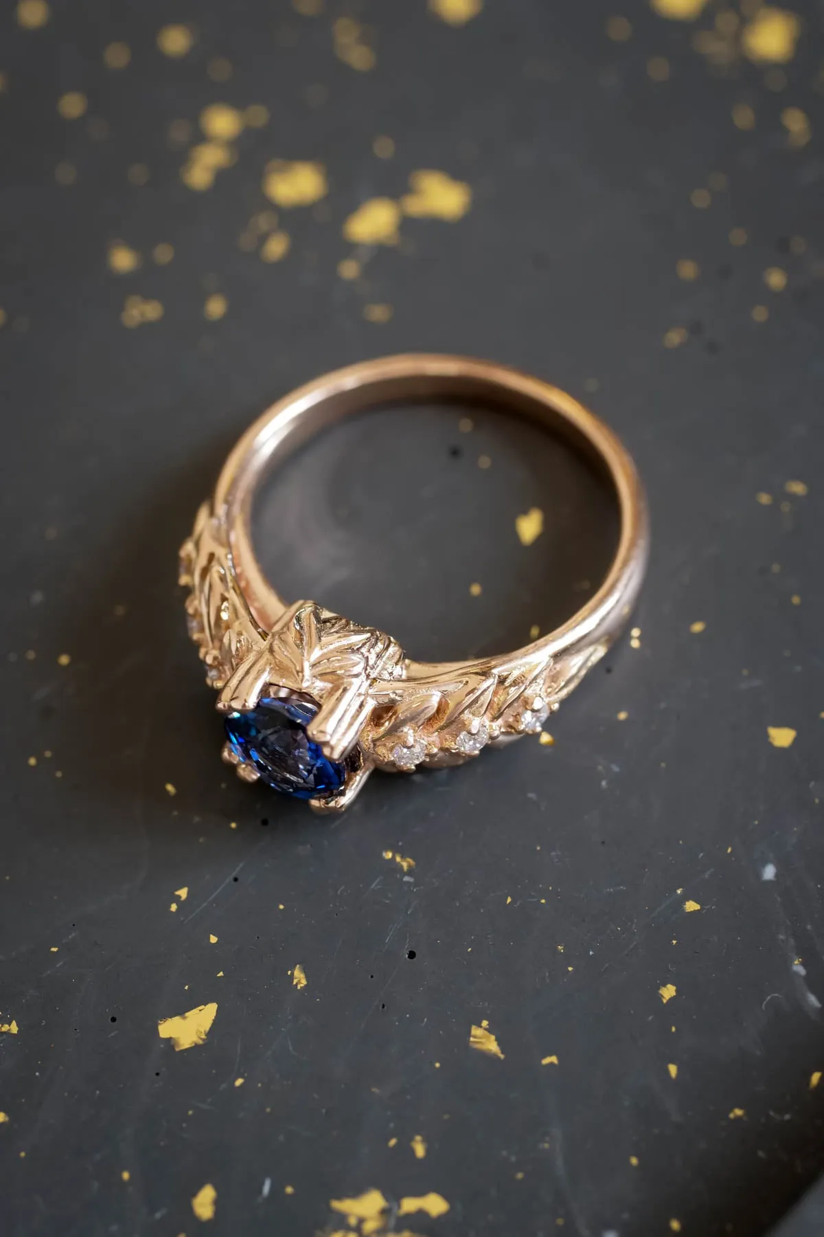 READY TO SHIP: Silvestra in 14K rose gold, natural blue sapphire 6mm, moissanites, RING SIZE 6.25 US