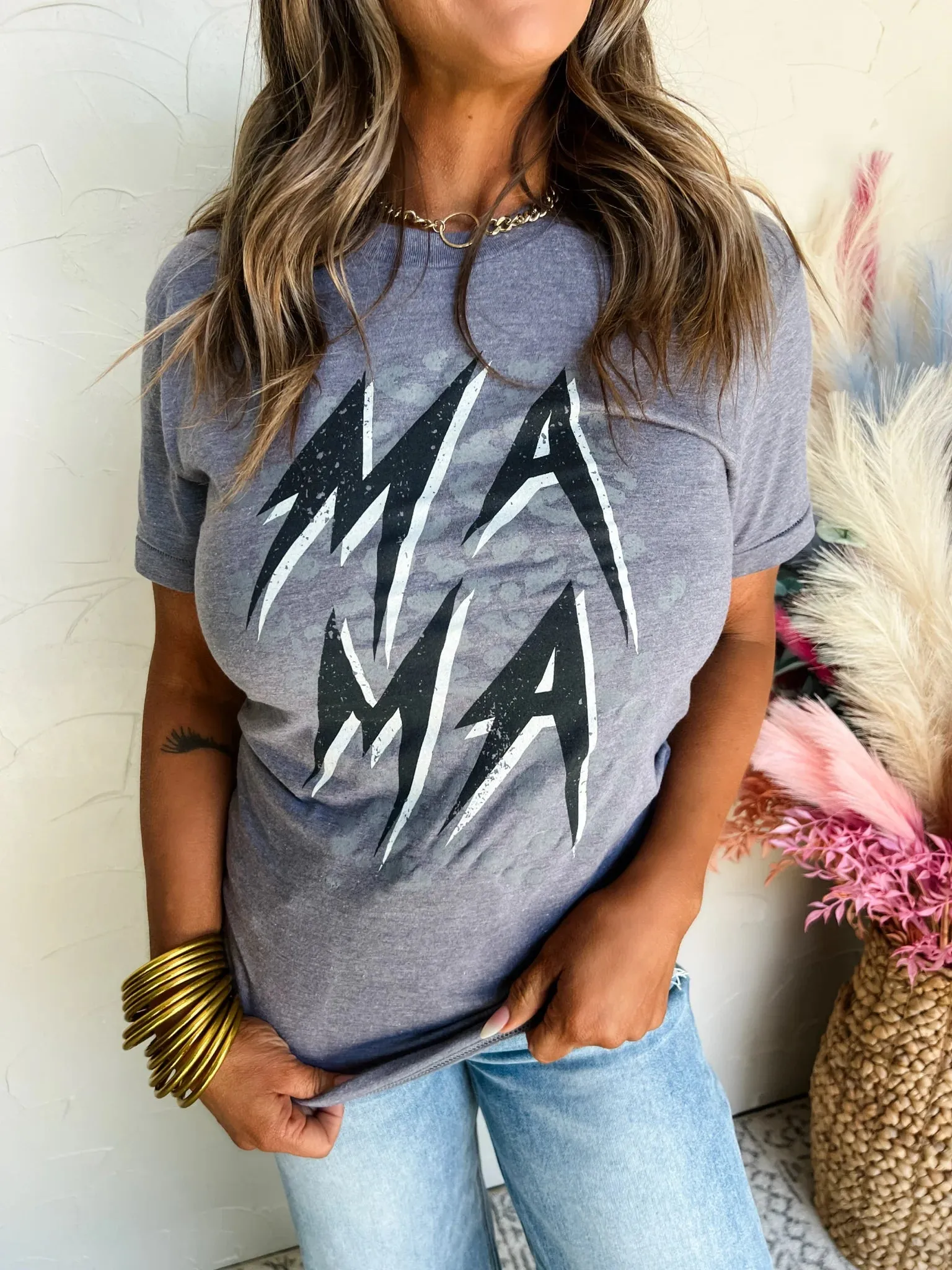 {ROCKSTAR MAMA} Leopard Gray Crew Neck Tee