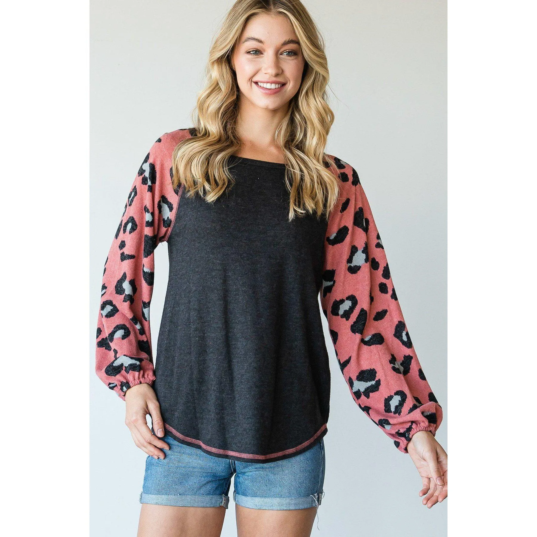 Round Neckline And Animal Print Color Block Top