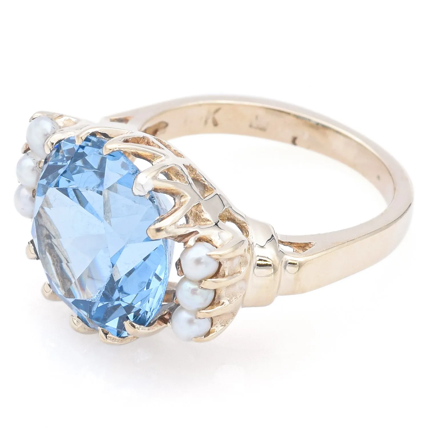 Vintage 10K Yellow Gold 7.77 Ct Blue Topaz & Pearl Cocktail Ring Size 5