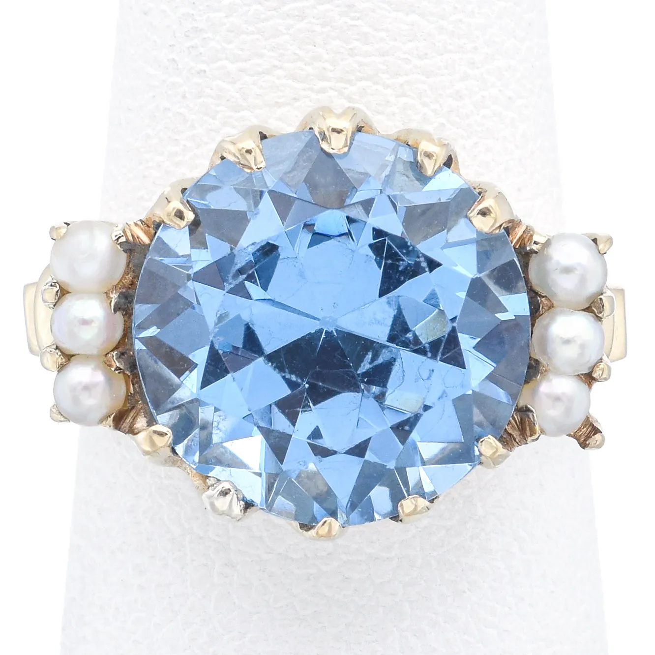 Vintage 10K Yellow Gold 7.77 Ct Blue Topaz & Pearl Cocktail Ring Size 5