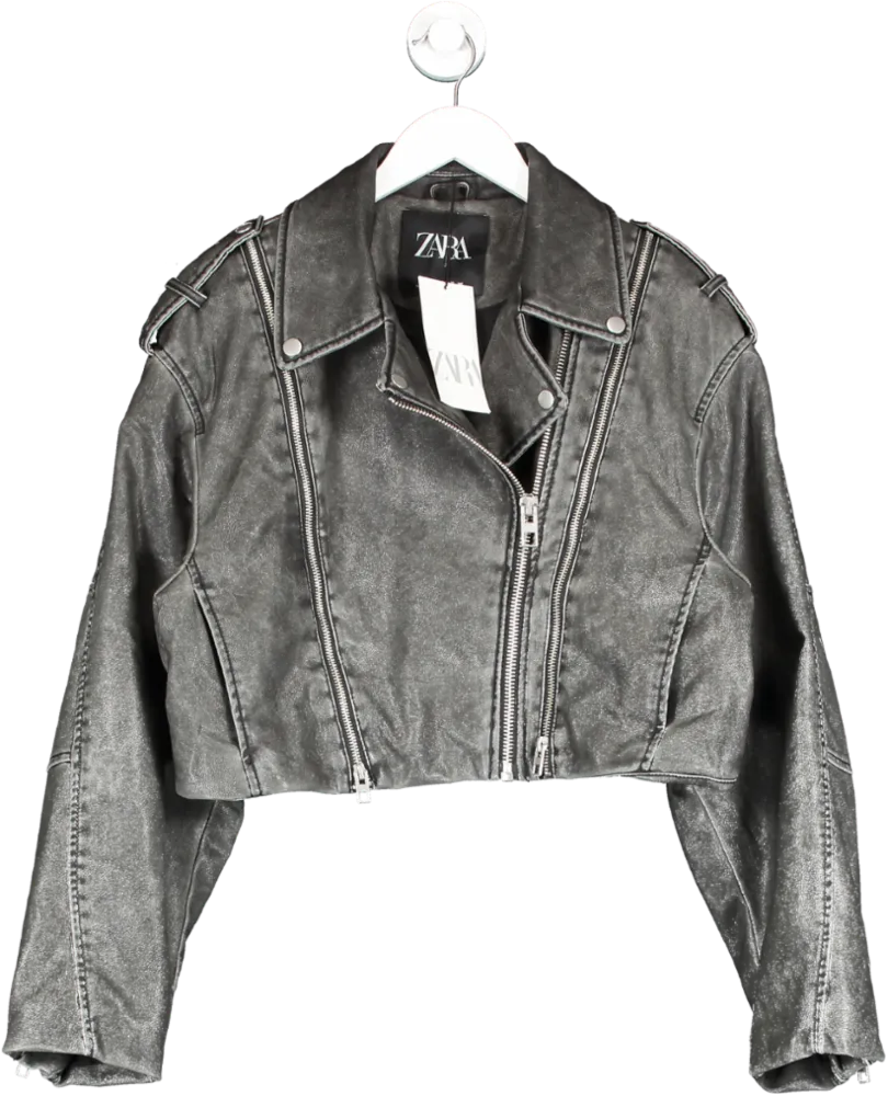 ZARA Black Distressed Leather Biker Jacket UK L